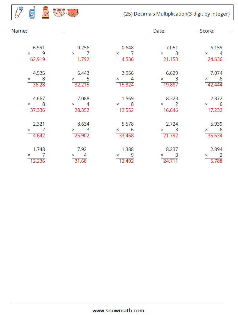 (25) Decimals Multiplication(3-digit by integer) Math Worksheets 3 Question, Answer