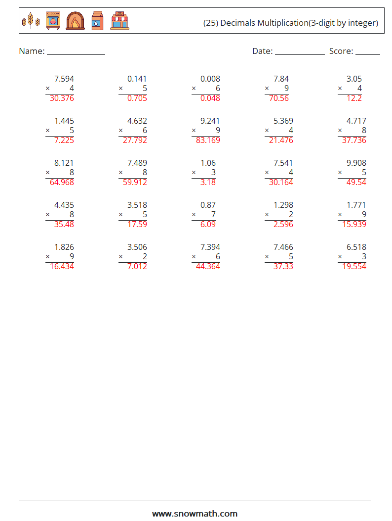 (25) Decimals Multiplication(3-digit by integer) Math Worksheets 4 Question, Answer