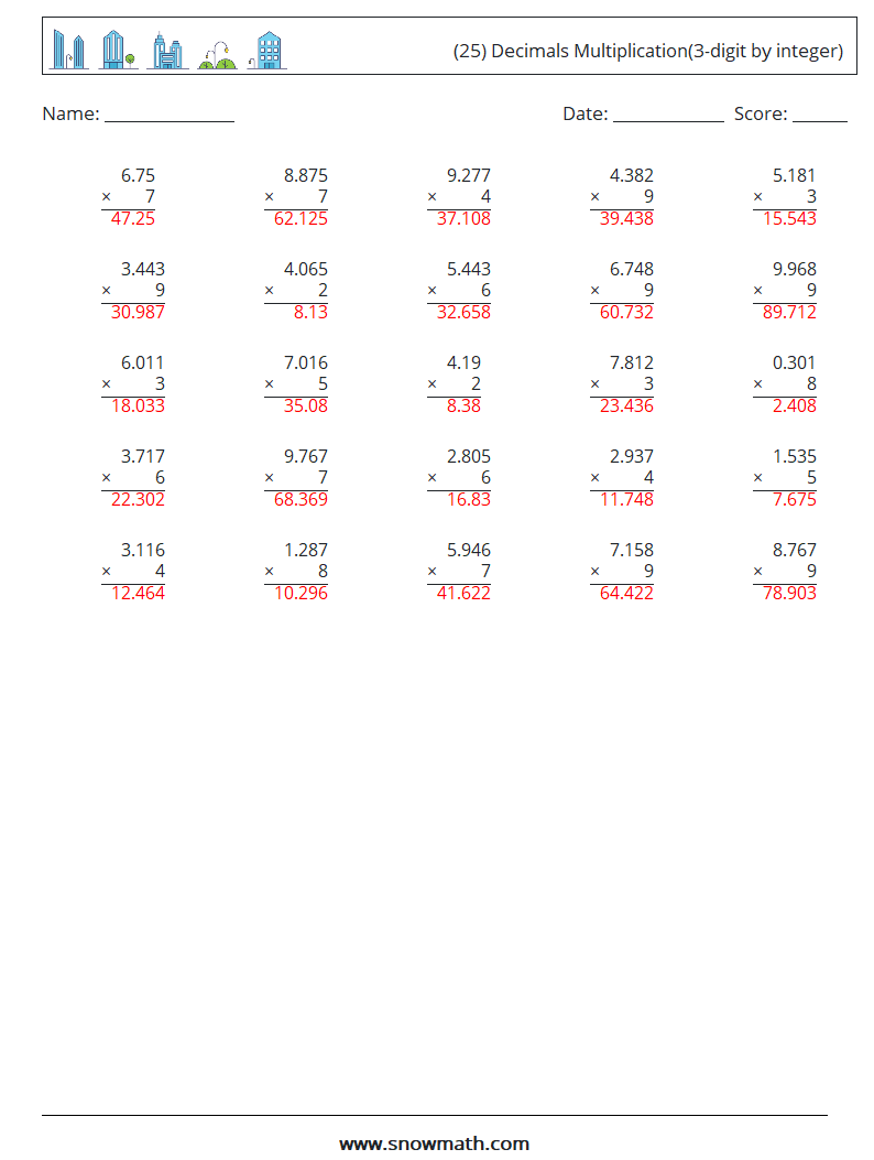 (25) Decimals Multiplication(3-digit by integer) Math Worksheets 7 Question, Answer