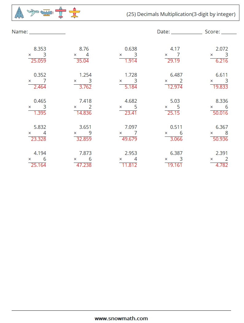 (25) Decimals Multiplication(3-digit by integer) Math Worksheets 8 Question, Answer