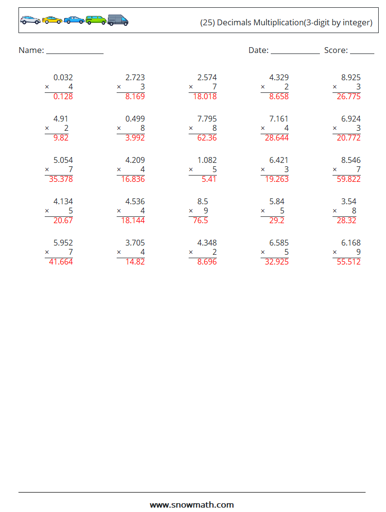 (25) Decimals Multiplication(3-digit by integer) Math Worksheets 9 Question, Answer