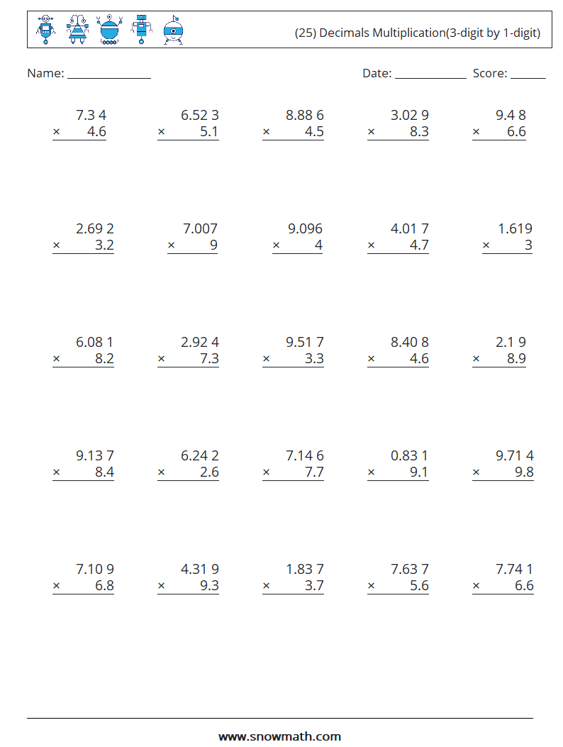 (25) Decimals Multiplication(3-digit by 1-digit) Math Worksheets 1