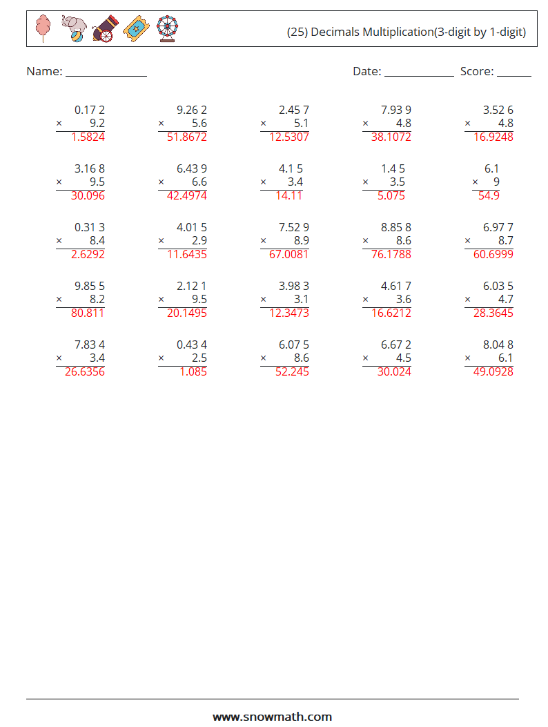 (25) Decimals Multiplication(3-digit by 1-digit) Math Worksheets 10 Question, Answer