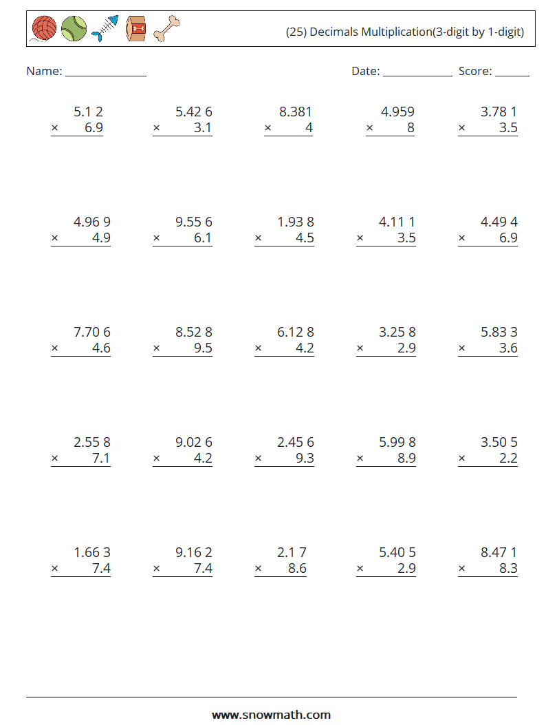 (25) Decimals Multiplication(3-digit by 1-digit) Math Worksheets 11