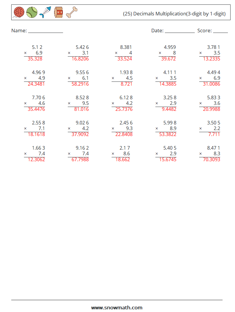 (25) Decimals Multiplication(3-digit by 1-digit) Math Worksheets 11 Question, Answer