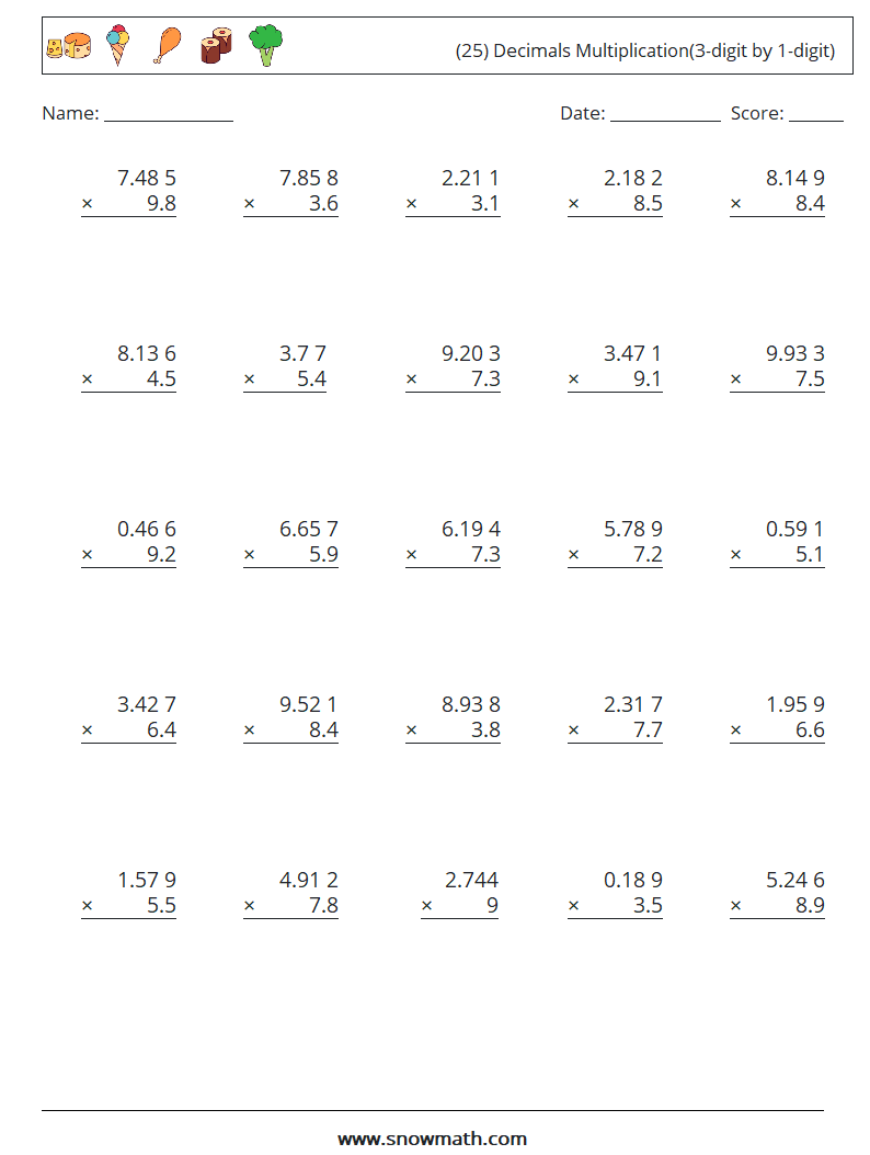 (25) Decimals Multiplication(3-digit by 1-digit) Math Worksheets 12
