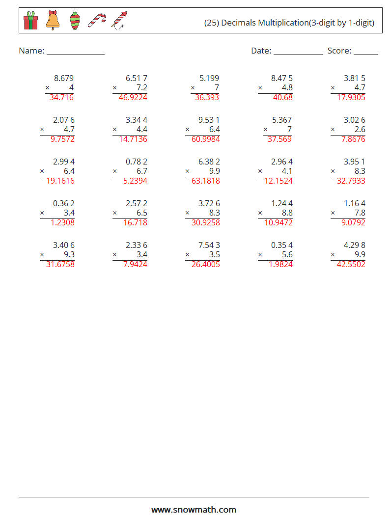 (25) Decimals Multiplication(3-digit by 1-digit) Math Worksheets 13 Question, Answer