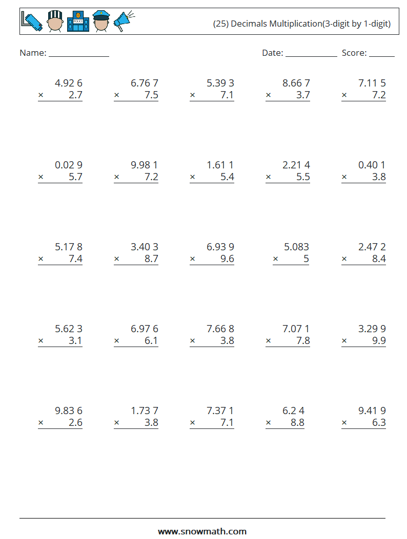 (25) Decimals Multiplication(3-digit by 1-digit) Math Worksheets 14