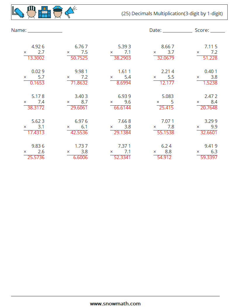 (25) Decimals Multiplication(3-digit by 1-digit) Math Worksheets 14 Question, Answer