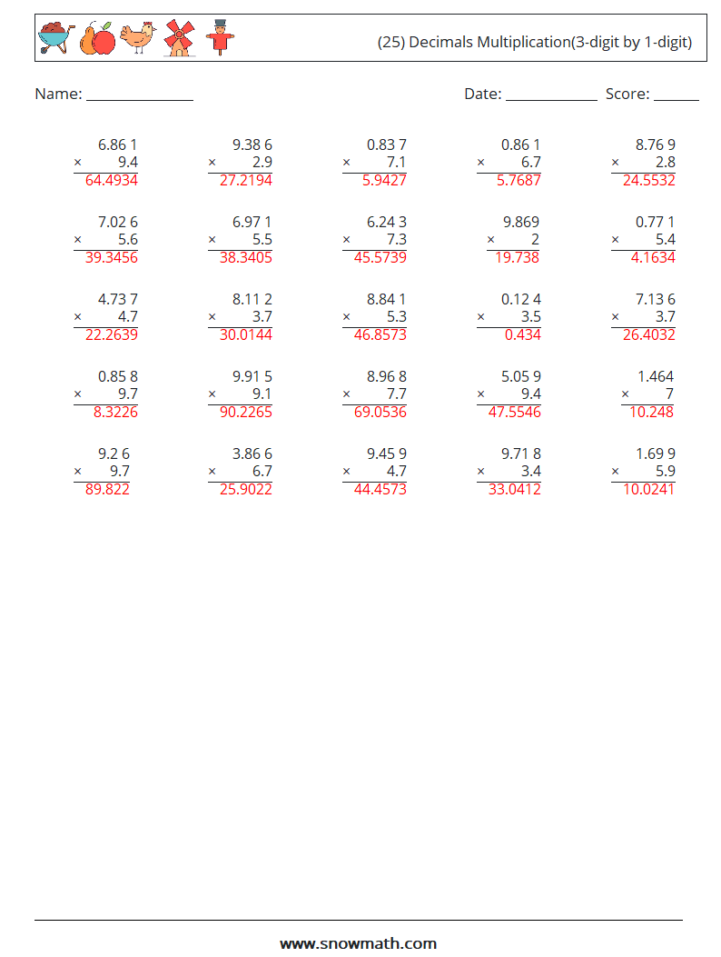 (25) Decimals Multiplication(3-digit by 1-digit) Math Worksheets 15 Question, Answer