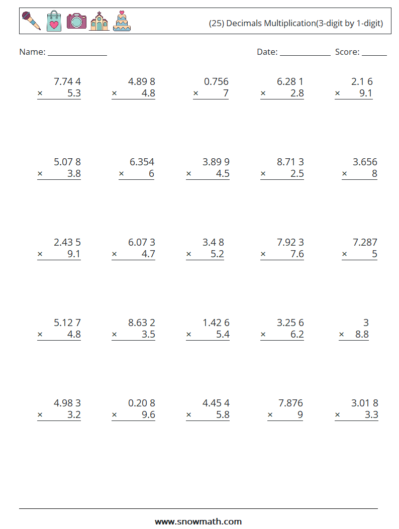 (25) Decimals Multiplication(3-digit by 1-digit) Math Worksheets 16