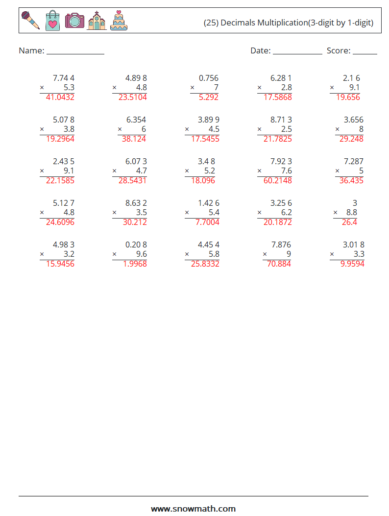 (25) Decimals Multiplication(3-digit by 1-digit) Math Worksheets 16 Question, Answer