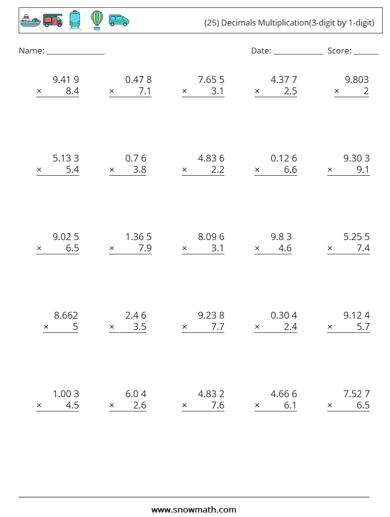 (25) Decimals Multiplication(3-digit by 1-digit) Math Worksheets 17