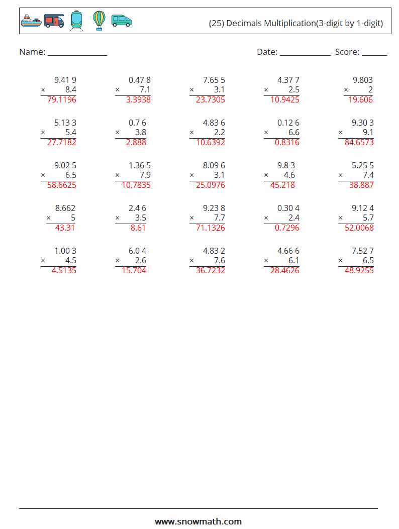 (25) Decimals Multiplication(3-digit by 1-digit) Math Worksheets 17 Question, Answer