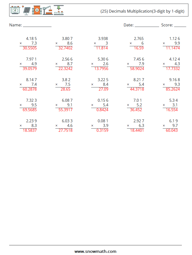 (25) Decimals Multiplication(3-digit by 1-digit) Math Worksheets 18 Question, Answer