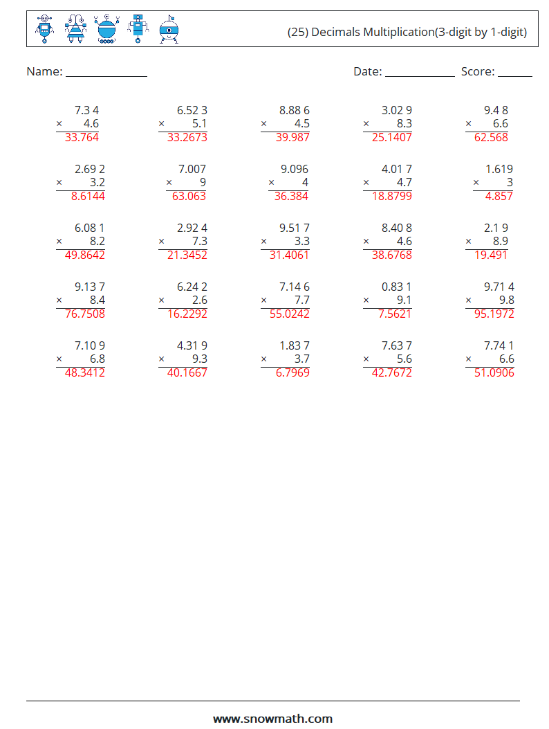 (25) Decimals Multiplication(3-digit by 1-digit) Math Worksheets 1 Question, Answer