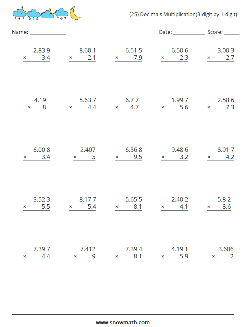 (25) Decimals Multiplication(3-digit by 1-digit) Math Worksheets 2