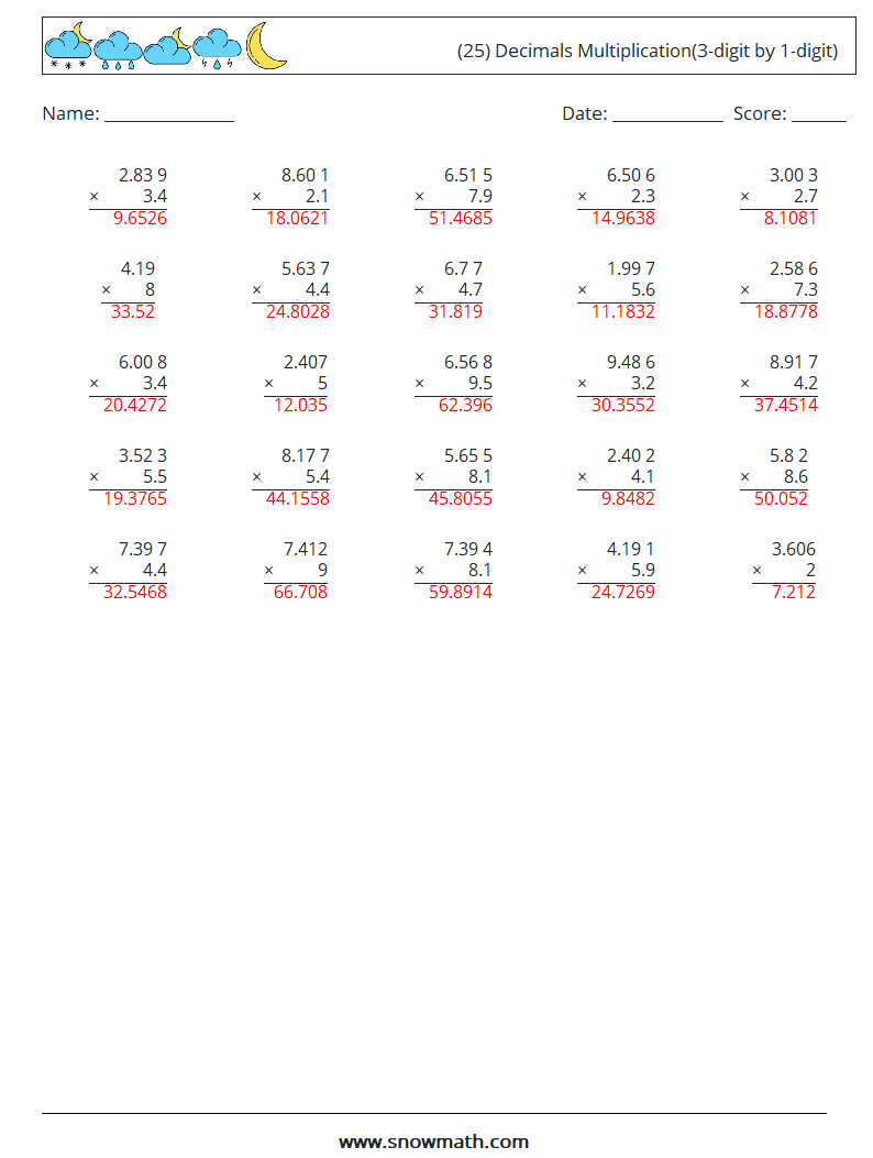 (25) Decimals Multiplication(3-digit by 1-digit) Math Worksheets 2 Question, Answer