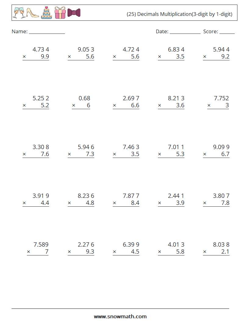 (25) Decimals Multiplication(3-digit by 1-digit) Math Worksheets 3