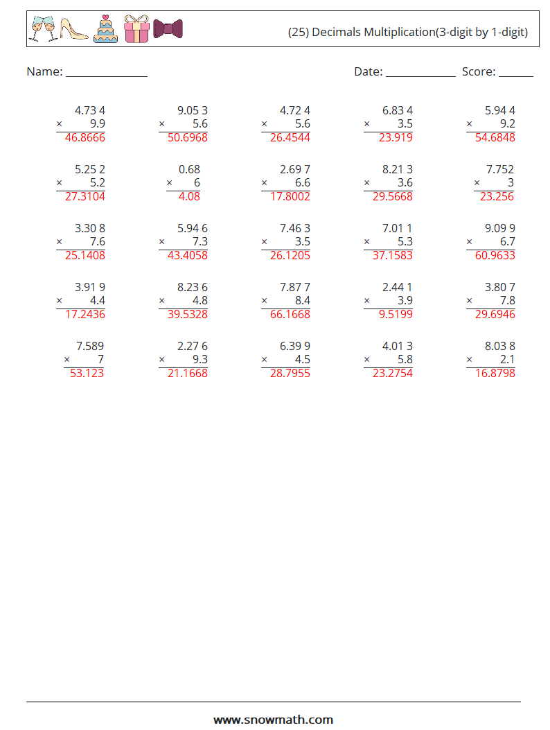 (25) Decimals Multiplication(3-digit by 1-digit) Math Worksheets 3 Question, Answer