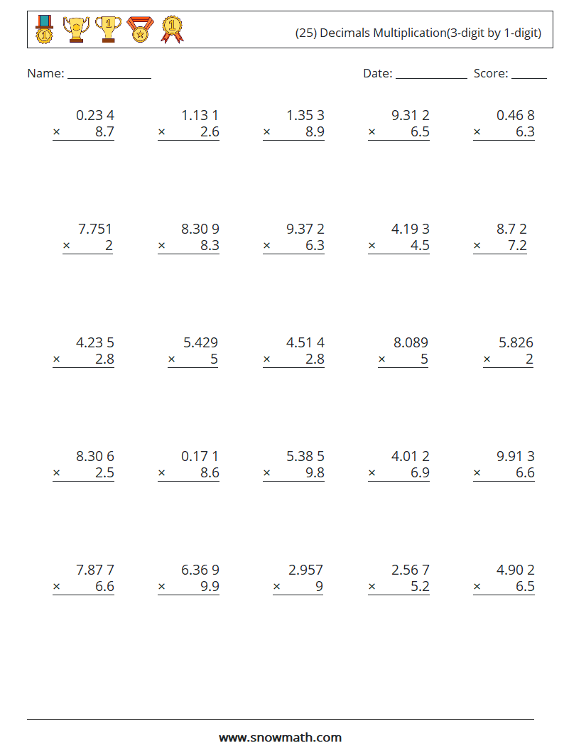 (25) Decimals Multiplication(3-digit by 1-digit) Math Worksheets 4