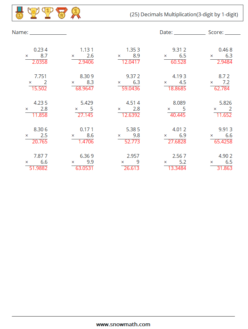 (25) Decimals Multiplication(3-digit by 1-digit) Math Worksheets 4 Question, Answer