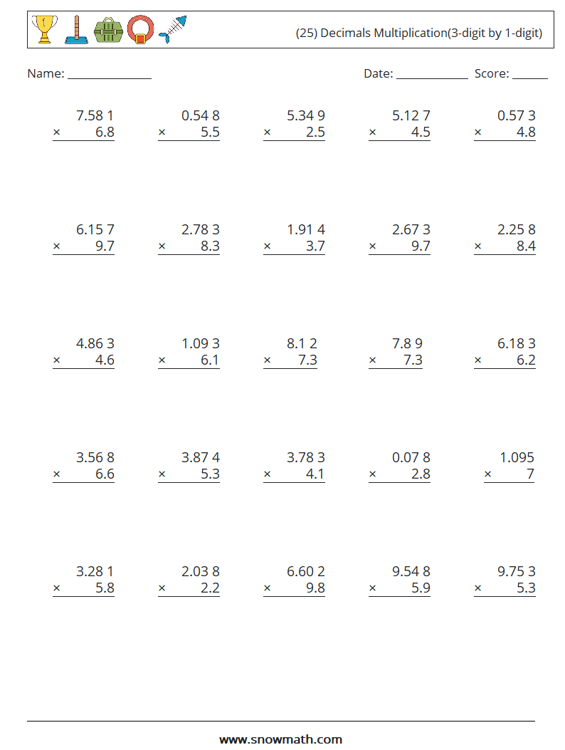 (25) Decimals Multiplication(3-digit by 1-digit) Math Worksheets 5