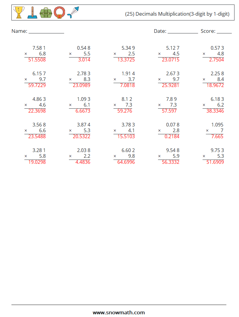 (25) Decimals Multiplication(3-digit by 1-digit) Math Worksheets 5 Question, Answer