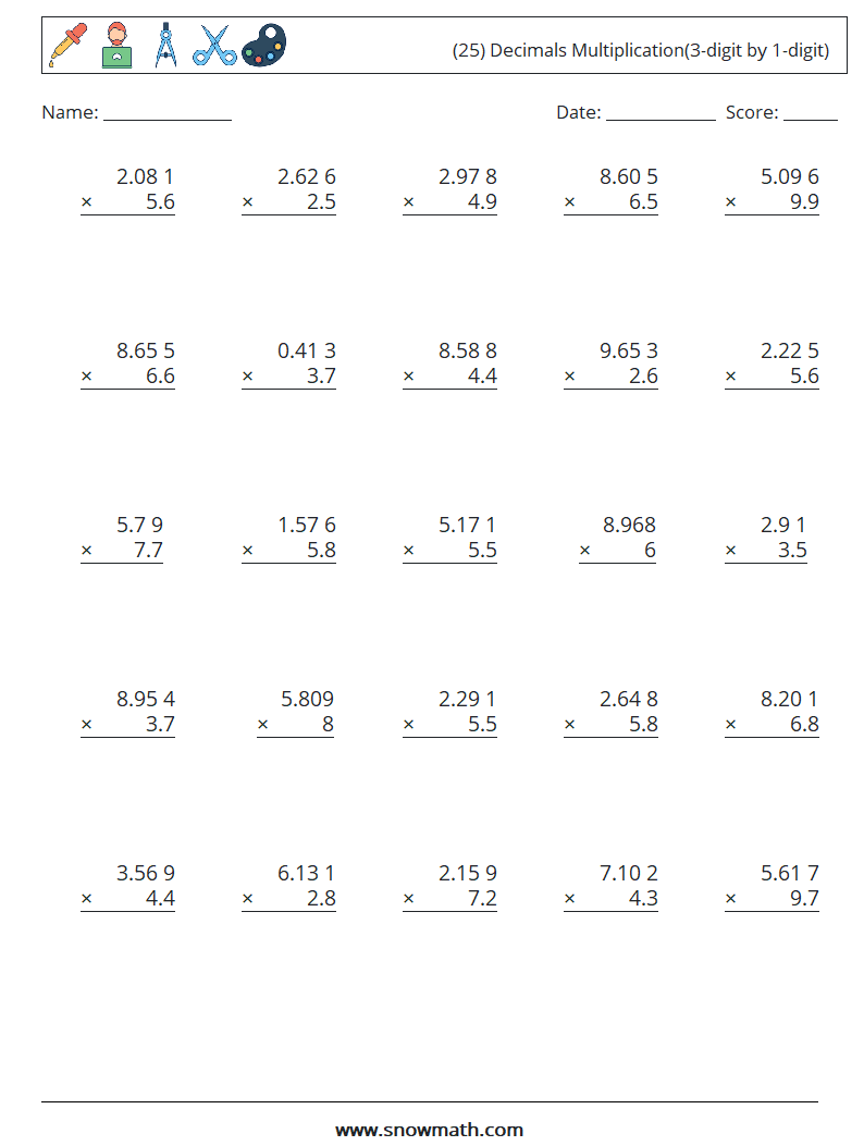 (25) Decimals Multiplication(3-digit by 1-digit) Math Worksheets 6