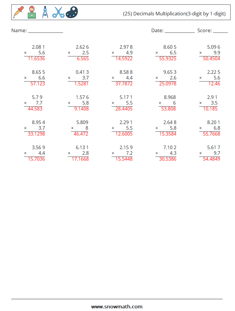 (25) Decimals Multiplication(3-digit by 1-digit) Math Worksheets 6 Question, Answer