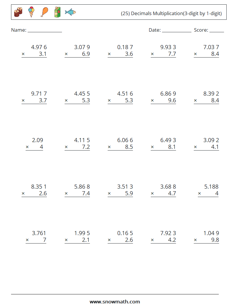 (25) Decimals Multiplication(3-digit by 1-digit) Math Worksheets 7