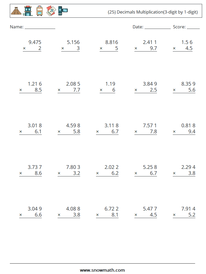 (25) Decimals Multiplication(3-digit by 1-digit) Math Worksheets 8