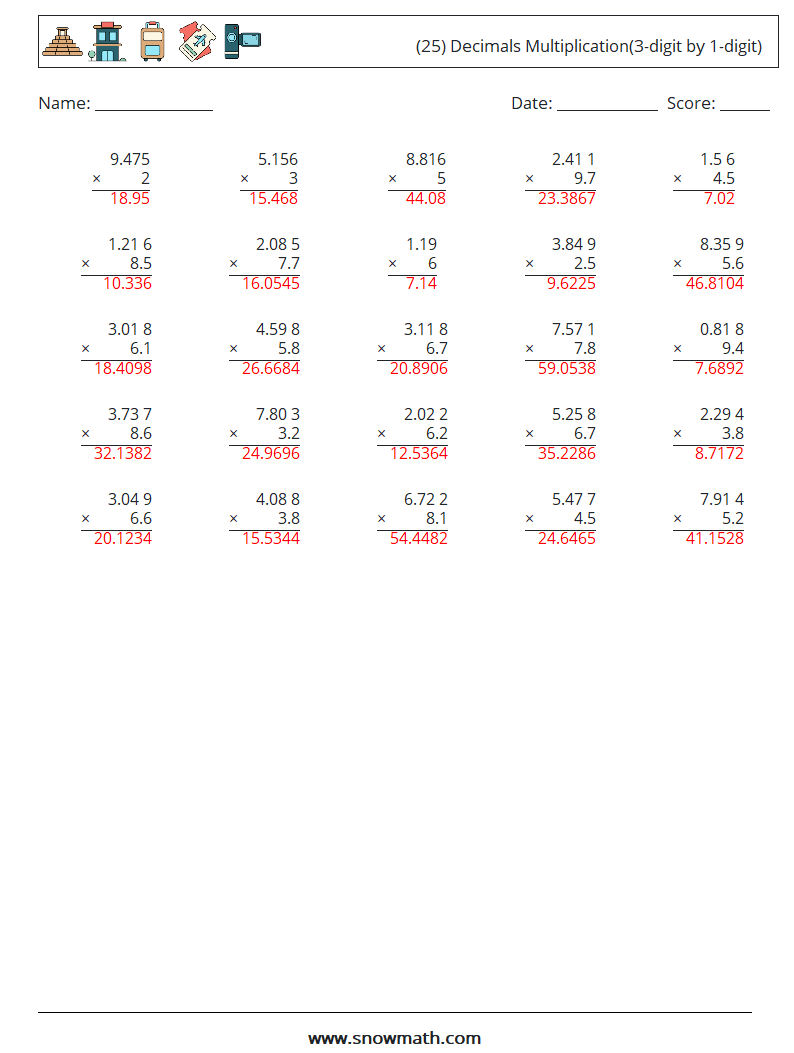 (25) Decimals Multiplication(3-digit by 1-digit) Math Worksheets 8 Question, Answer