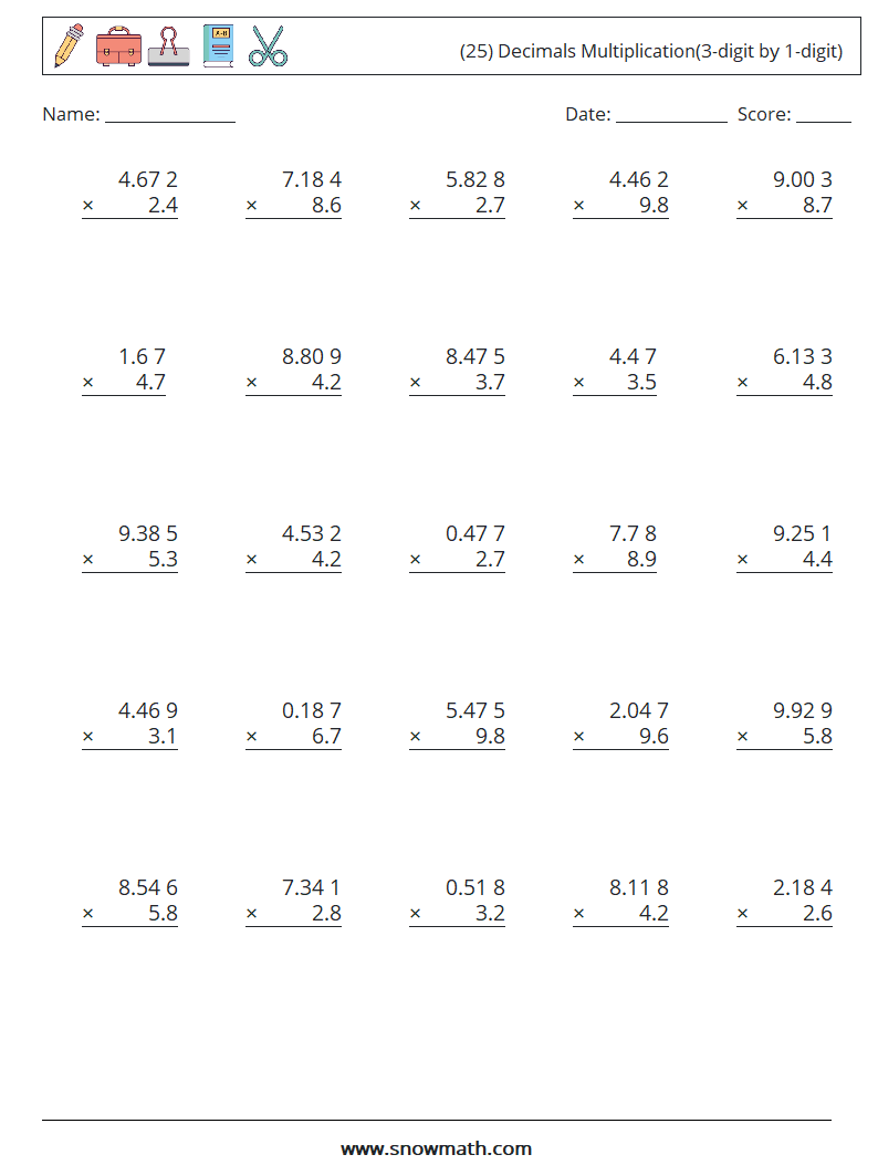 (25) Decimals Multiplication(3-digit by 1-digit) Math Worksheets 9