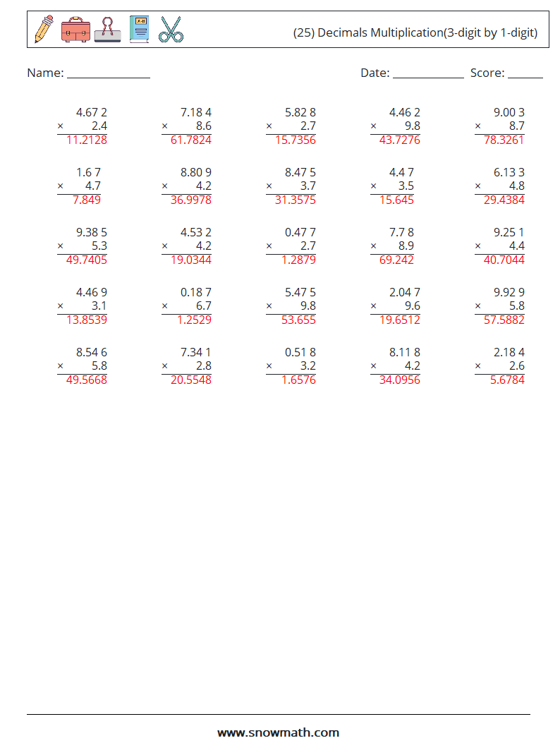 (25) Decimals Multiplication(3-digit by 1-digit) Math Worksheets 9 Question, Answer