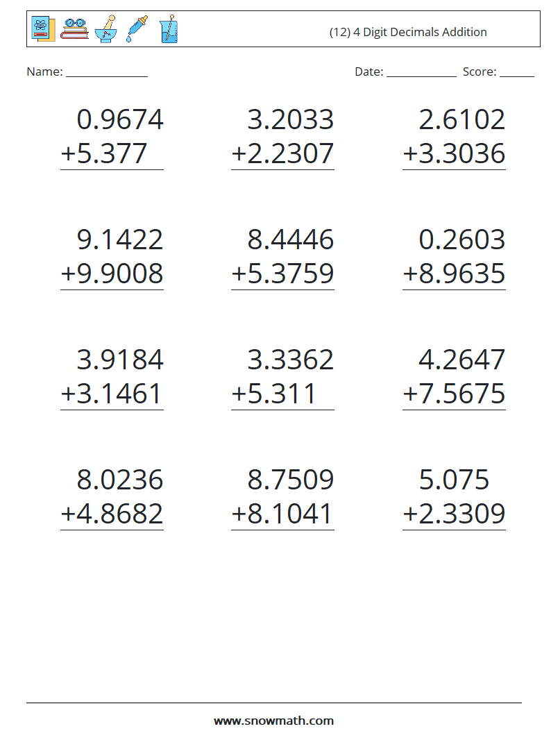 (12) 4 Digit Decimals Addition Math Worksheets 1