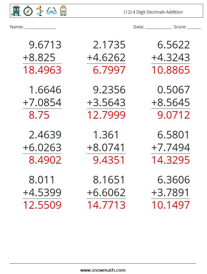 (12) 4 Digit Decimals Addition Math Worksheets 10 Question, Answer