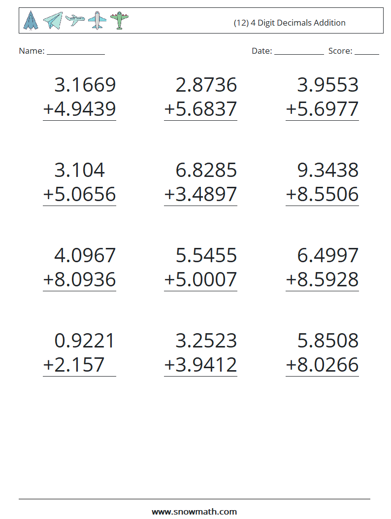 (12) 4 Digit Decimals Addition Math Worksheets 11