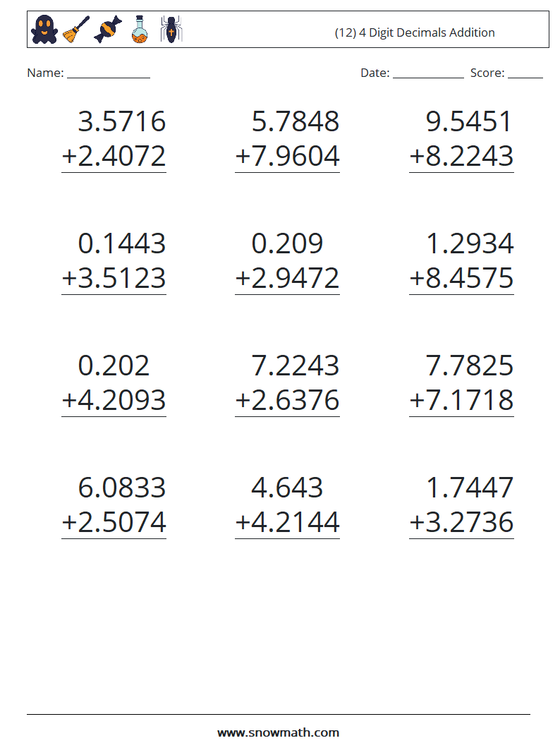 (12) 4 Digit Decimals Addition Math Worksheets 12