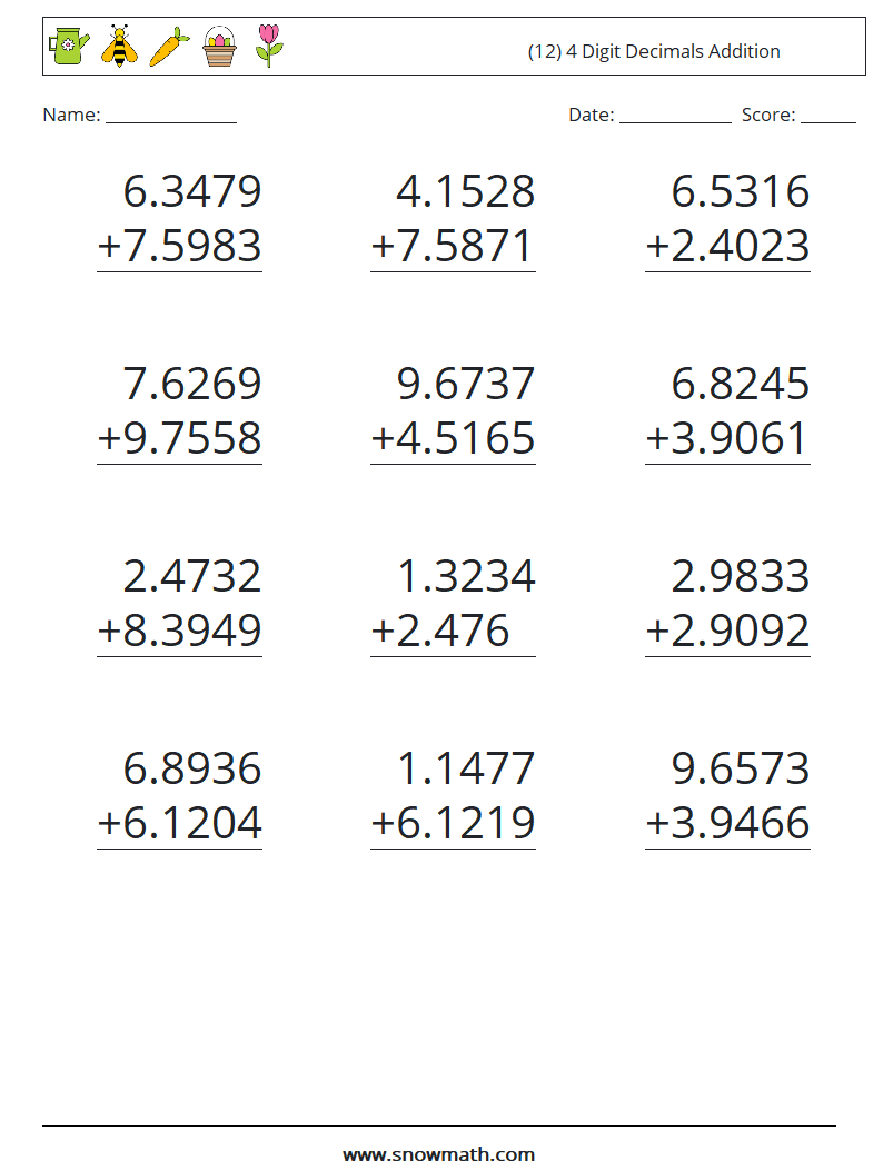 (12) 4 Digit Decimals Addition Math Worksheets 13