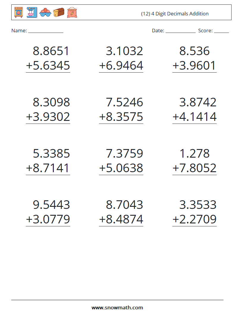 (12) 4 Digit Decimals Addition Math Worksheets 14