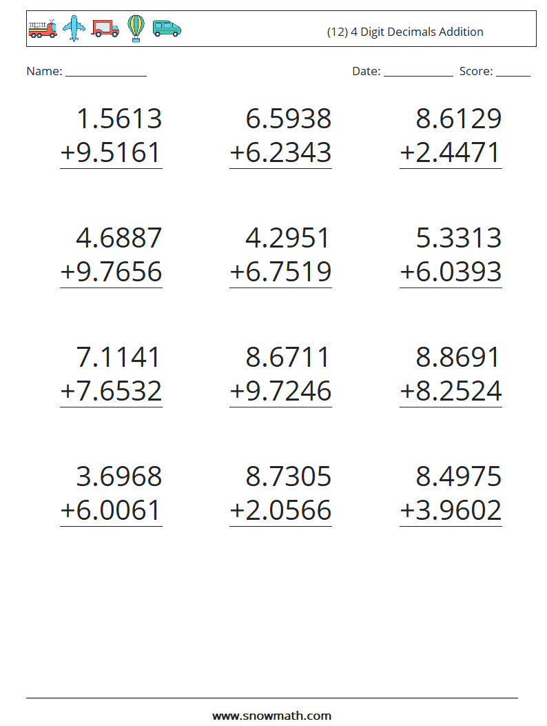 (12) 4 Digit Decimals Addition Math Worksheets 15