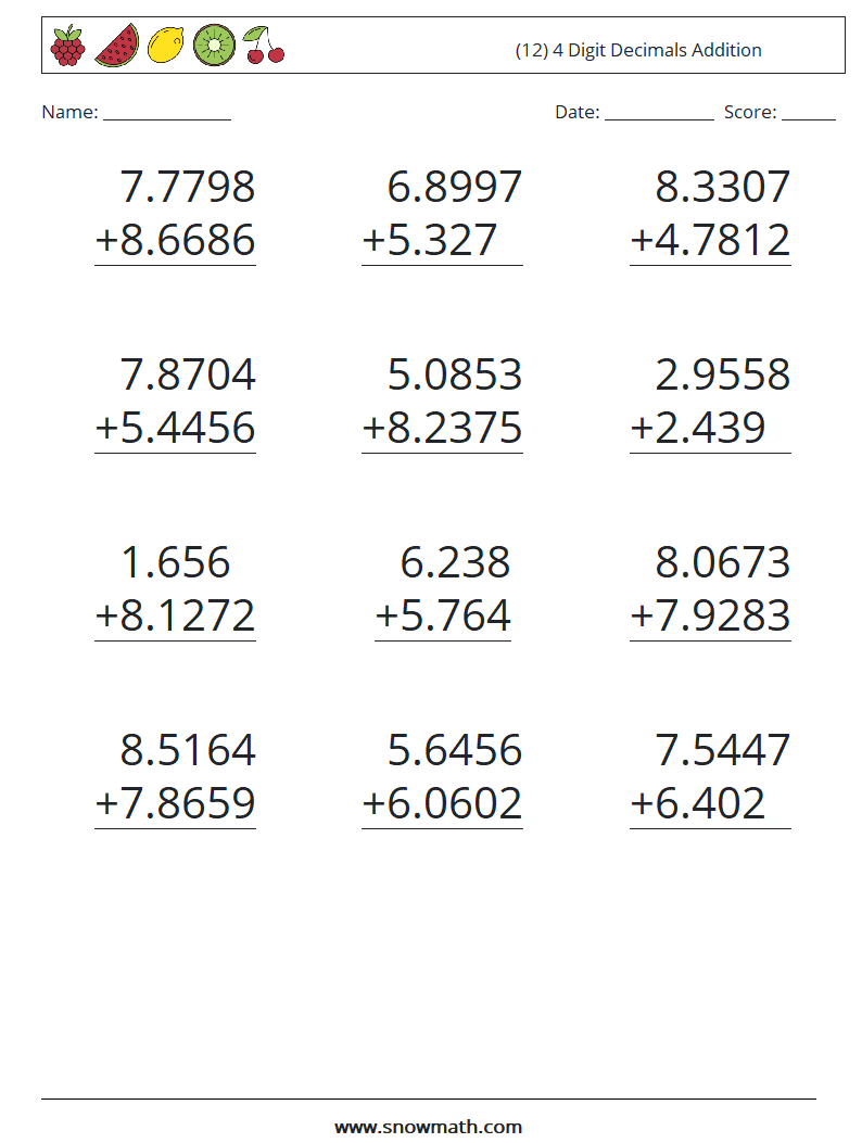 (12) 4 Digit Decimals Addition Math Worksheets 17