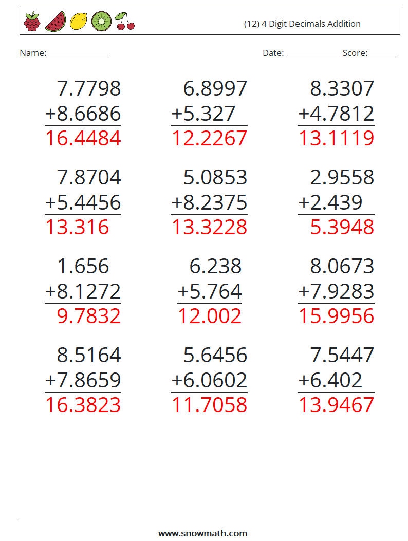 (12) 4 Digit Decimals Addition Math Worksheets 17 Question, Answer