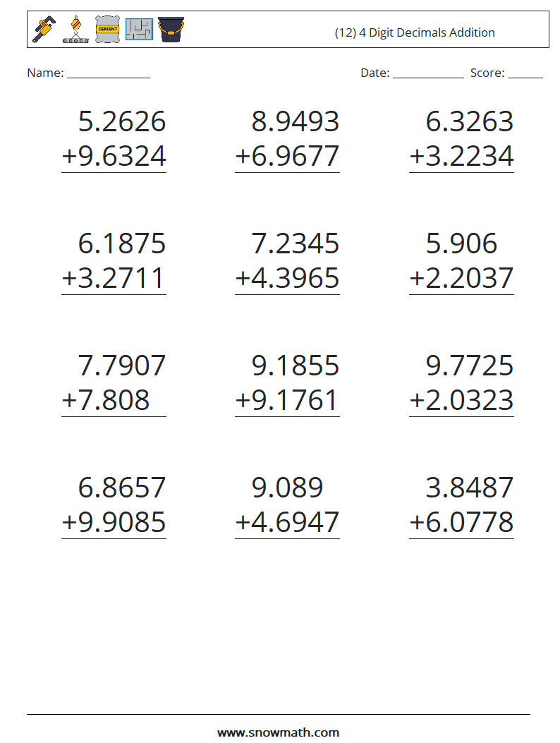 (12) 4 Digit Decimals Addition Math Worksheets 18