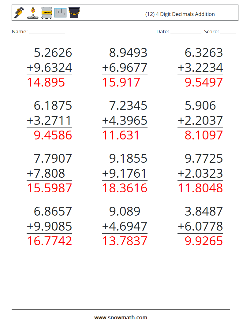 (12) 4 Digit Decimals Addition Math Worksheets 18 Question, Answer