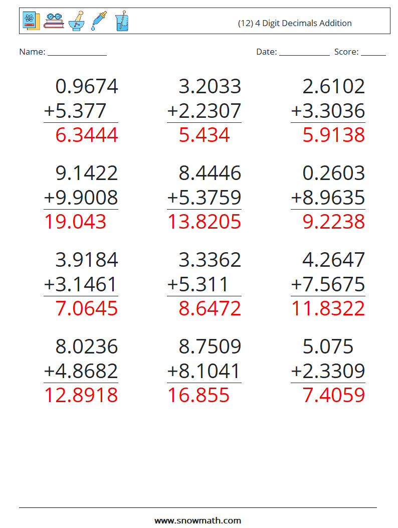 (12) 4 Digit Decimals Addition Math Worksheets 1 Question, Answer