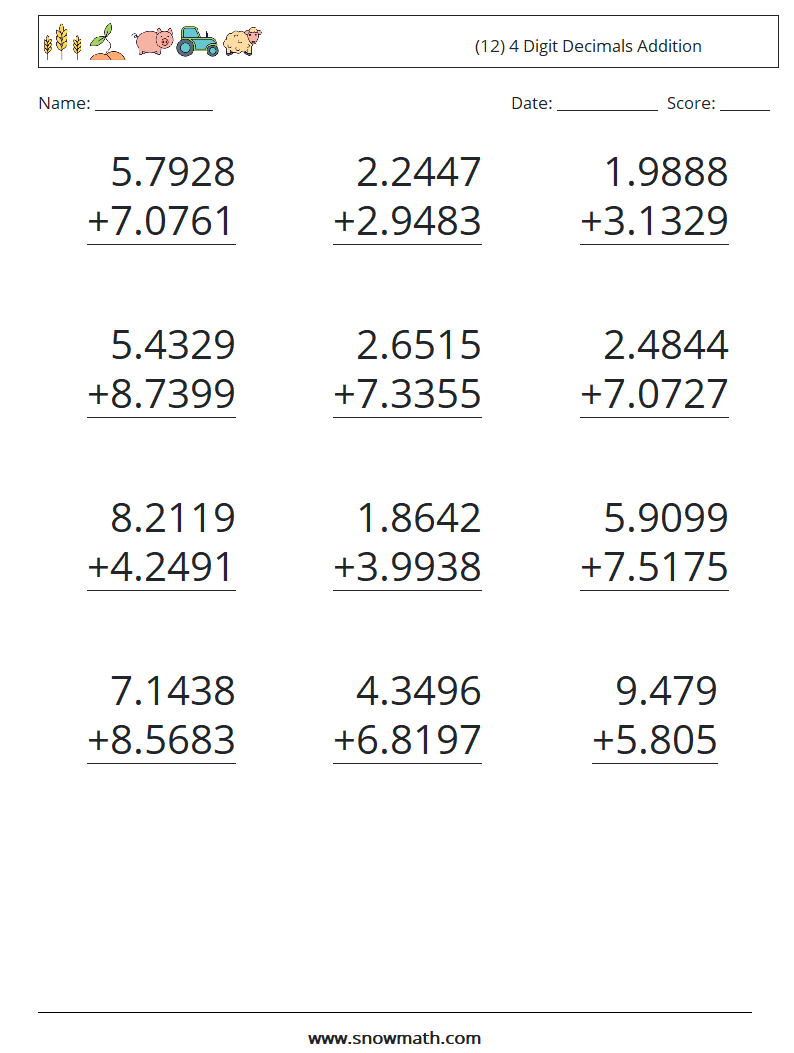 (12) 4 Digit Decimals Addition Math Worksheets 2