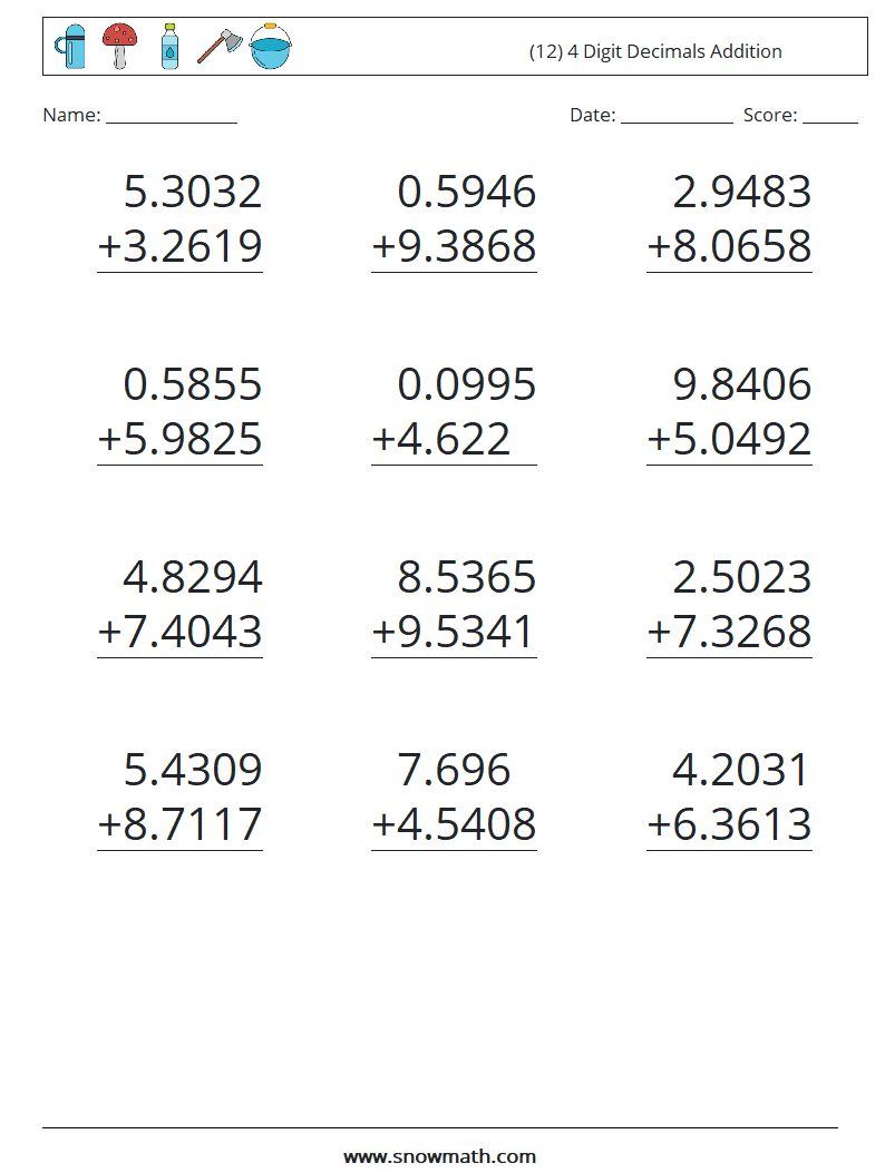 (12) 4 Digit Decimals Addition Math Worksheets 3