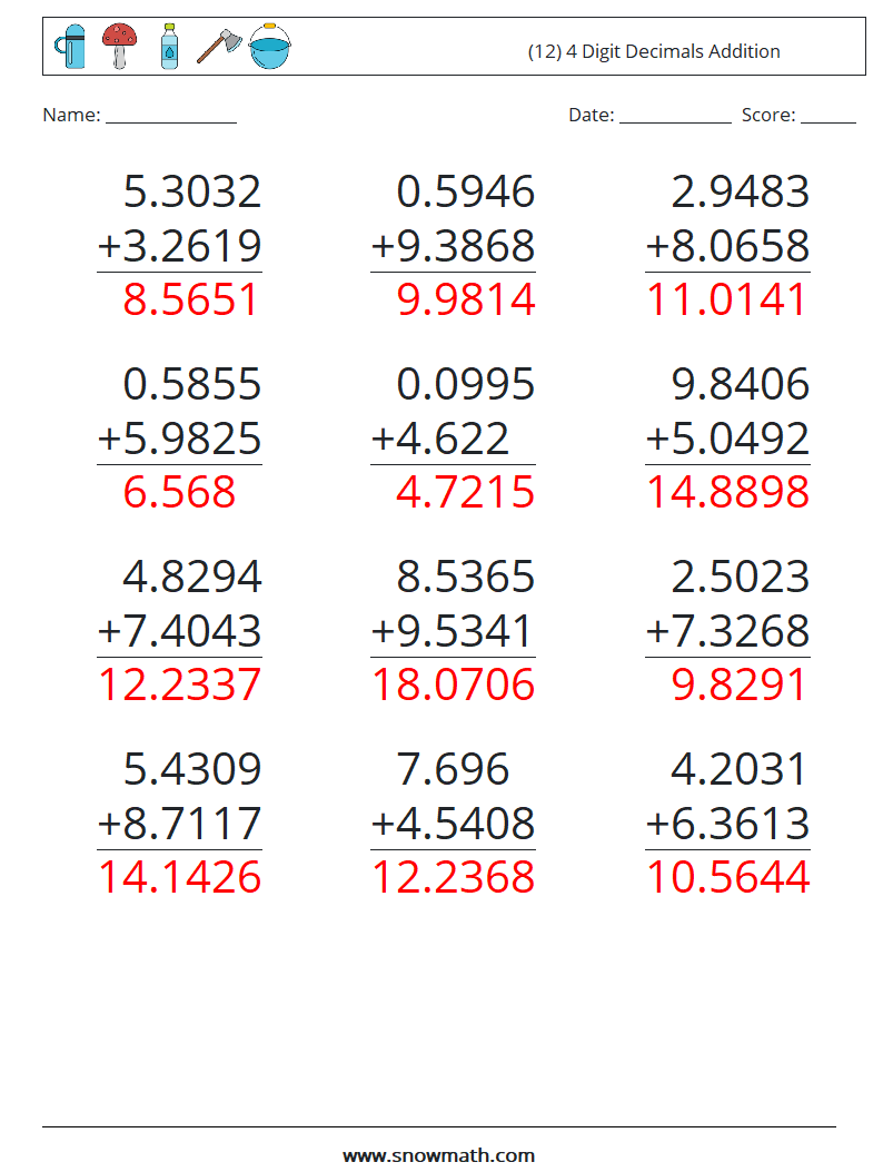 (12) 4 Digit Decimals Addition Math Worksheets 3 Question, Answer